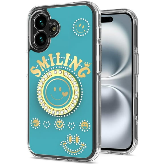 For Apple iPhone 16 Plus (6.7") Smiling Glitter Ornament Bling Sparkle with Ring Stand Hybrid Slim TPU + Hard Back Shell Cover ,Xpm Phone Case [ Blue ]