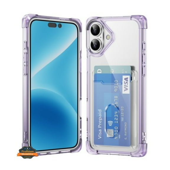 For Apple iPhone 16 Plus (6.7") Wallet Clear Case with Credit Card Holder Rubber Silicone TPU Protection Corner Bumper Shockproof Phone Case Cover by Xpression - Purple