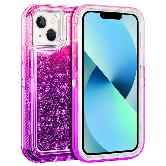 For Apple iPhone 16 Plus Dual Layer Protective Shockproof Tough Defender Sparkling Liquid Glitter Heart Case Cover Pink/Purple