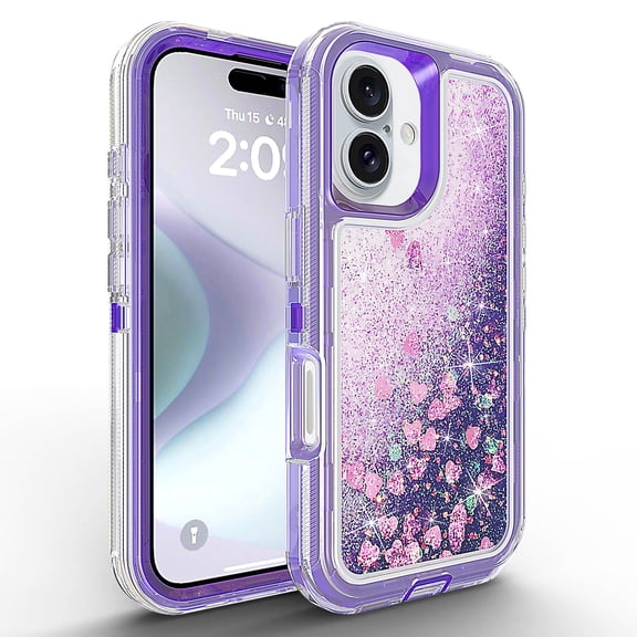 For Apple iPhone 16 Plus Dual Layer Protective Shockproof Tough Defender Sparkling Liquid Glitter Heart Case Cover Purple