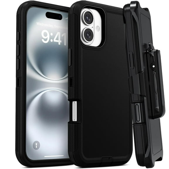 For Apple iPhone 16 Plus Heavy Duty Armor Shockproof Protective Hybrid Case Cover With Clip Black/Black