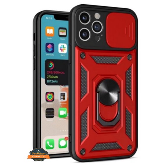 For Apple iPhone 16 Pro (6.3") Built in Sliding Camera Lens Protection & Finger Ring Stand Holder Hybrid PC Shockproof Phone Case Cover by Xpression - Red