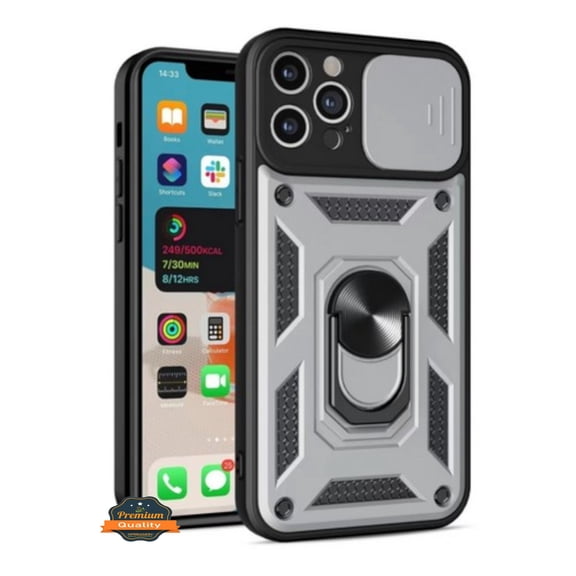 For Apple iPhone 16 Pro (6.3") Built in Sliding Camera Lens Protection & Finger Ring Stand Holder Hybrid PC Shockproof Phone Case Cover by Xpression - Silver