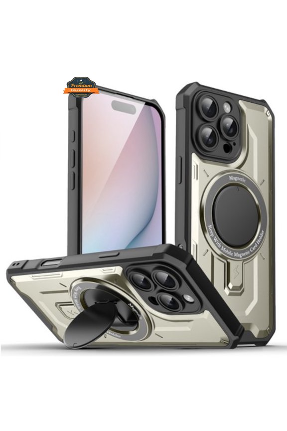 For Apple iPhone 16 Pro (6.3") Hybrid Tuff Case with Folding Stand Magnetic Holder Compatible with MagSafe [Military Shockproof] Phone Case Cover by Xpression - Gray