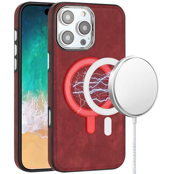 For Apple iPhone 16 Pro (6.3") PU Vegan Leather Chrome Edged Hybrid Hard PC TPU Rubber Compatible with MagSafe Cover, XPM Phone Case [Red]