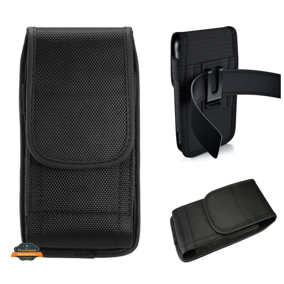 For Apple iPhone 16 Pro (6.3") Pouch Case Universal Vertical Canvas with Belt Clip Loop Holster Military Grade Cell Phone Holder Cover - Black