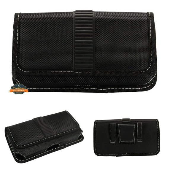 For Apple iPhone 16 Pro (6.3") Rugged Canvas Cellphone Belt Clip Cover Holster Pouch Holder with Belt Loops Universal Horizontal Carrying Case - Black