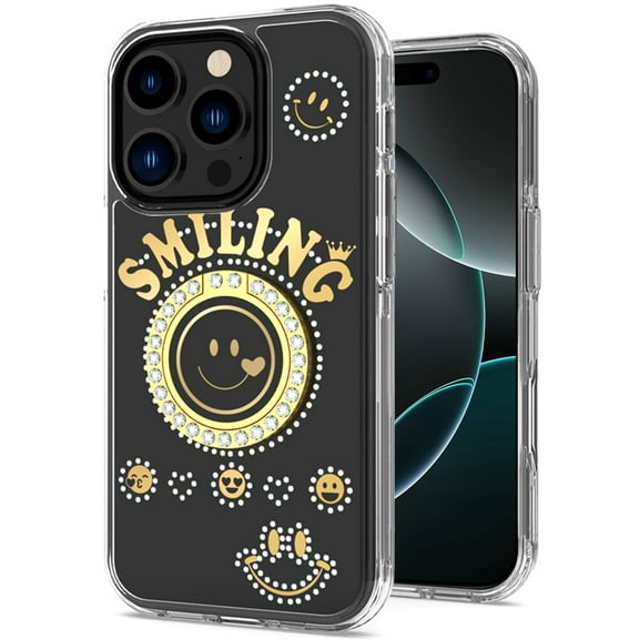 For Apple iPhone 16 Pro (6.3") Smiling Glitter Ornament Bling Sparkle with Ring Stand Hybrid Slim TPU + Hard Back Shell Cover ,Xpm Phone Case [ Black ]
