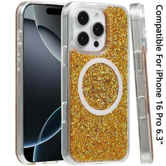 For Apple iPhone 16 Pro (6.3") Transparent Epoxy Glitter Magnetic Circle Compatible with MagSafe Hybrid Bling Sparkle Hard PC Slim TPU Cover ,Xpm Phone Case [ Gold Glitter ]