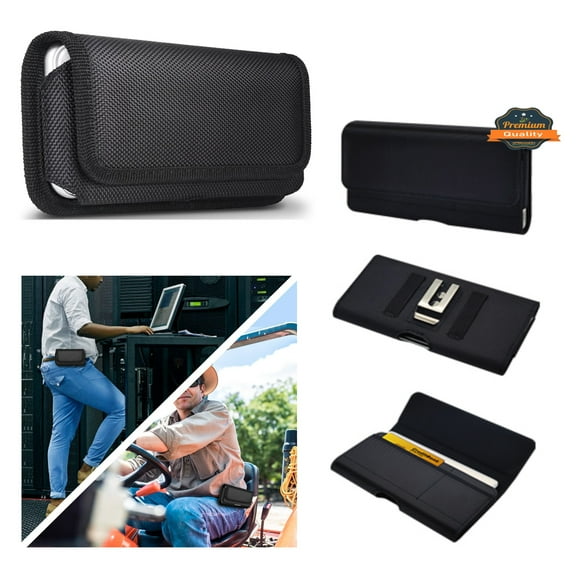 For Apple iPhone 16 Pro (6.3") Universal Nylon Canvas Horizontal Pouch Holster with Wallet Credit Card Slots & Belt Loop Clip Carrying Phone (6.7") - Black