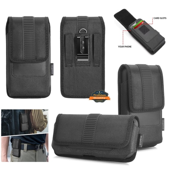 For Apple iPhone 16 Pro (6.3") Universal Vertical Nylon Phone Case Carrying Pouch Cover with Card Storage Pocket & Belt Clip Loop Holster Front Grip - Black