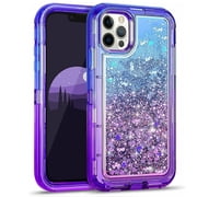 For Apple iPhone 16 Pro Dual Layer Protective Shockproof Tough Defender Sparkling Liquid Glitter Heart Case Cover Blue/Purple