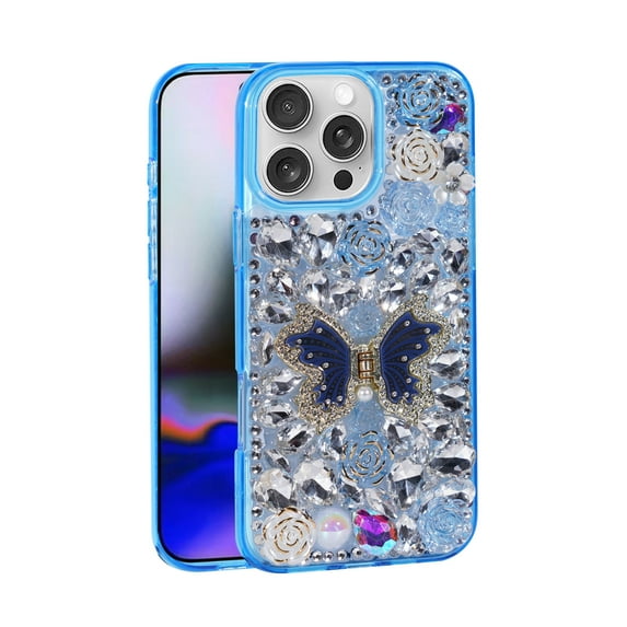 For Apple iPhone 16 Pro Luxury Diamond Rose 3D Butterfly Kickstand Design With Strap Raised Lip Screen Camera Protection Shockproof Case Cover Blue