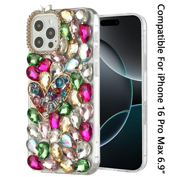 For Apple iPhone 16 Pro Max (6.9") Bling Crystal 3D Full Diamonds Luxury Sparkle Rhinestone Hybrid Protective Cover, XPM Phone Case [Colorful Heart]