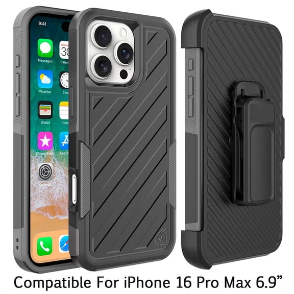 For Apple iPhone 16 Pro Max (6.9") Combo Hybrid lined with Belt Clip Holster Armor Shockproof Rugged Textured 2in1 Non Slip Tough Cover ,Xpm Phone Case [ Black / Gray ]