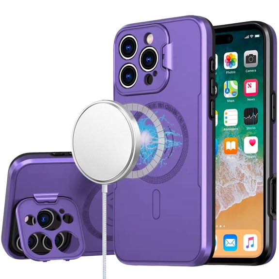 For Apple iPhone 16 Pro Max (6.9") Foldable Kickstand Camera Protector 2in1 Hybrid MagSafe Compatible Bumper Magnetic Cover ,Xpm Phone Case [ Purple ]