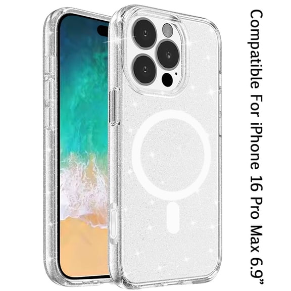 For Apple iPhone 16 Pro Max (6.9") MagSafe Compatible Glitter Shiny Sparkle Bling TPU Rubber Hard PC Back Hybrid Frame Cover ,Xpm Phone Case [ Clear ]