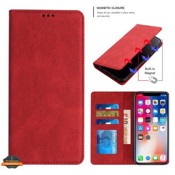 For Apple iPhone 16 Pro Max (6.9") PU Leather Pouch Flip Folio Wallet ID Credit Card Slots Money Holder with Magnetic Closure & Kickstand Cover ,Xpm Phone Case [ Red ]