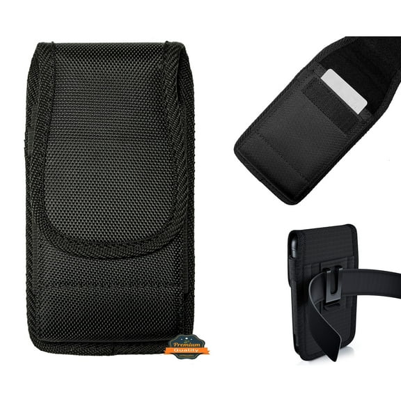 For Apple iPhone 16 Pro Max (6.9") Pouch Case Universal Vertical Canvas Built in Credit Card ID Slot and Belt Clip Loop Holster Cell Phone Holder Cover - Black
