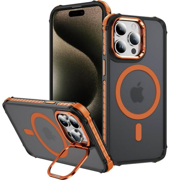For Apple iPhone 16 Pro Max 6.9" Shockproof Camera Stand Magnetic Case Compatible With MagSafe Heavy Duty Bumper Translucent Cover Orange