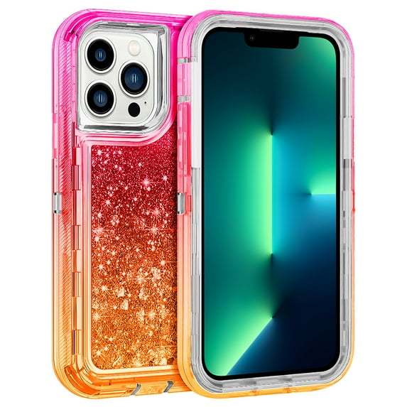 For Apple iPhone 16 Pro Max Dual Layer Protective Shockproof Tough Defender Sparkling Liquid Glitter Heart Case Cover Pink/Gold