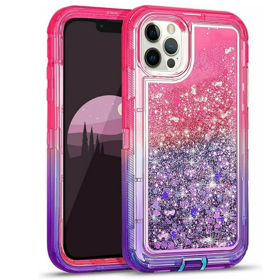 For Apple iPhone 16 Pro Max Dual Layer Protective Shockproof Tough Defender Sparkling Liquid Glitter Heart Case Cover Pink/Purple