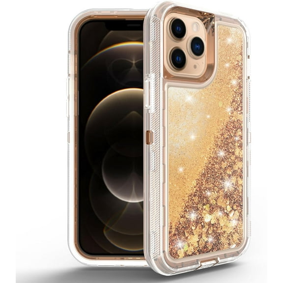 For Apple iPhone 16 Pro Max Dual Layer Protective Shockproof Tough Defender Sparkling Liquid Glitter Heart Case Cover Rose Gold