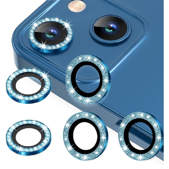 For Apple iPhone 16 / iPhone 16 Plus Diamond Bling Ring Crystal Tempered Glass Camera Len Protector Cover Blue