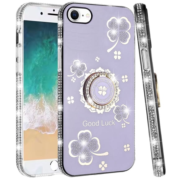 For Apple iPhone 16e Case, Diamonds Bling All Around Edges Sparkly Glitter Hybrid with Ring Stand Holder Fashion Good Luck Phone Cover (Purple)