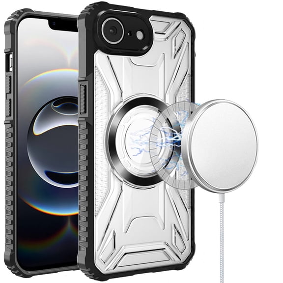 For Apple iPhone 16e Case, MagSafe Compatible Pattern Clear Transparent Rugged Hybrid Magnetic TPU Shockproof Armor Phone Cover (Black)