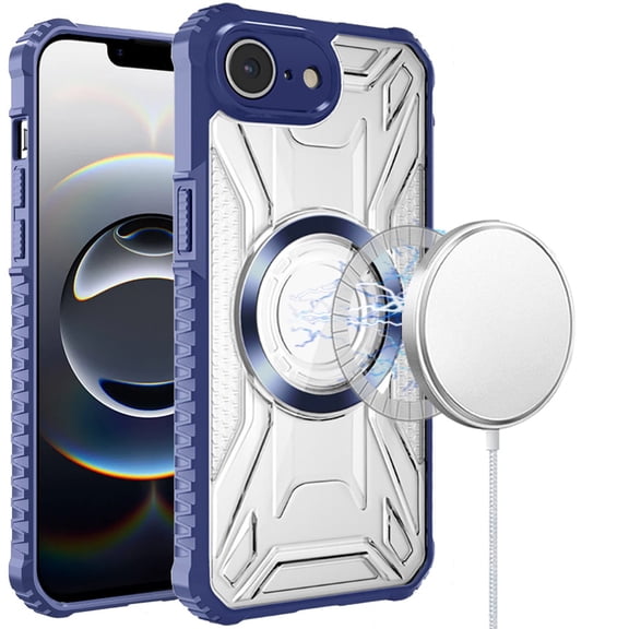 For Apple iPhone 16e Case, MagSafe Compatible Pattern Clear Transparent Rugged Hybrid Magnetic TPU Shockproof Armor Phone Cover (Blue)