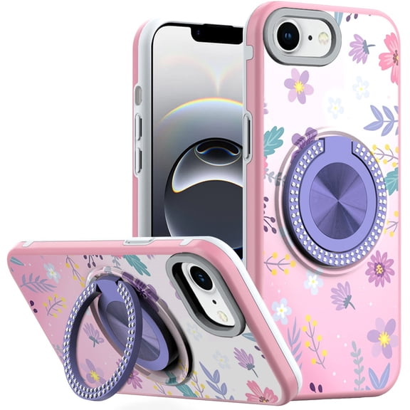 For Apple iPhone 16e Case, Pattern Design Hybrid with Invisible Ring Stand & Magnetic Back, Shockproof Protective Grip Phone Cover (Summer Lavender)