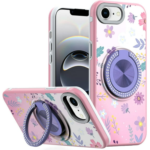 For Apple iPhone 16e Case, Pattern Design Hybrid with Invisible Ring Stand & Magnetic Back, Shockproof Protective Grip Phone Cover (Summer Lavender)