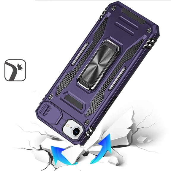 For Apple iPhone 16e Case, Tough Hybrid Case with Movable Camera Window & Metal Ring Stand Shockproof Phone Cover (Dark Purple)
