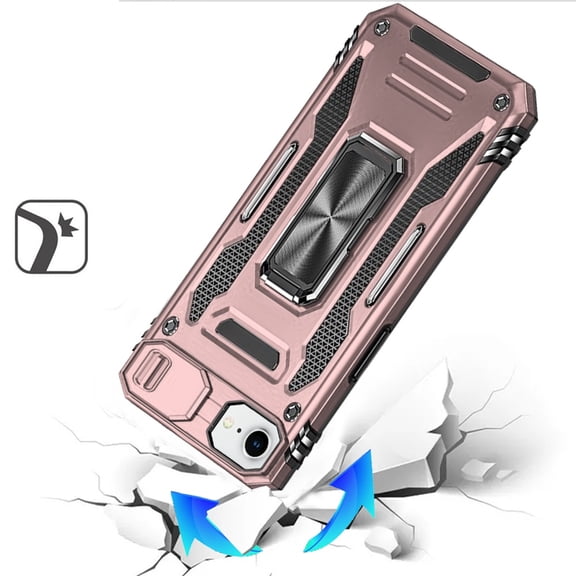 For Apple iPhone 16e Case, Tough Hybrid Case with Movable Camera Window & Metal Ring Stand Shockproof Phone Cover (Rose gold)