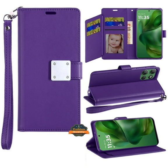 For Apple iPhone 16e Case, Wallet Case with ID/ Card Holder, Wristlet Strap, Magnetic TPU Protective Shockproof Folio Flip Phone Cover (Purple)