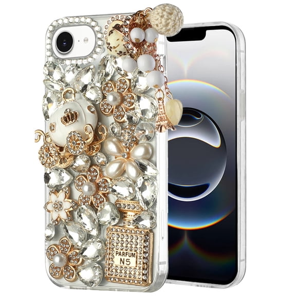 For Apple iPhone 16e (E edition) Case, Bling Crystal 3D Full Diamonds Luxury Sparkle Rhinestone Hybrid Phone Cover (Ultimate Multi Ornament White)