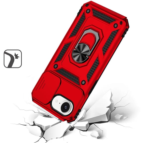 For Apple iPhone 16e Hybrid Ring Shockproof with 360° Rotate Ring Kickstand, Camera Lens Protection, Soft Edge Bumper Cover, XPM Phone Case [Red]