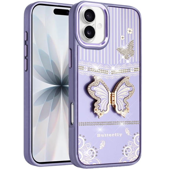 For Apple iPhone 17 (6.3") Glitter Butterfly Case with 3D Stand Sparkle Hybrid Metallic Edges Protective Phone Cover Slim Fit [Purple]