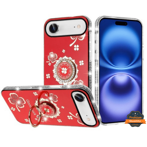 For Apple iPhone 17 AIR Fashion Glitter Diamond Edge with Ring Stand Bling Case Floral Cover [Red]