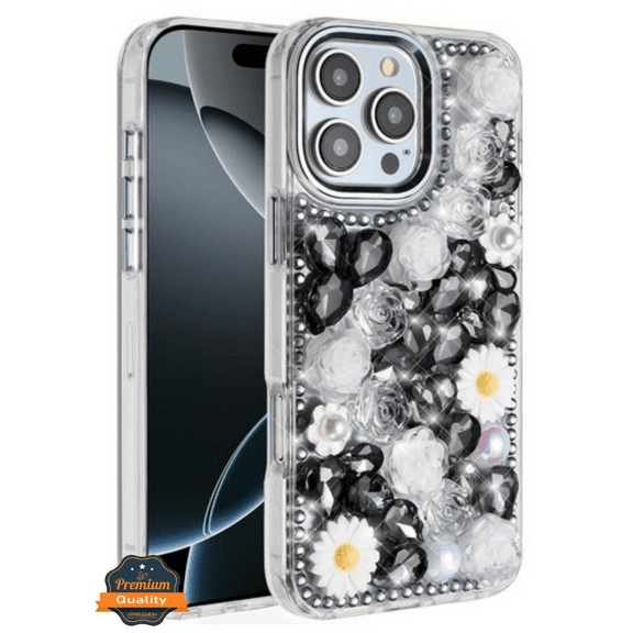 For Apple iPhone 17 AIR Full Bling Glitter Diamond Flower Case Sparkly Fashion Protective Cover [Black]