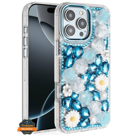 For Apple iPhone 17 AIR Full Bling Glitter Diamond Flower Case Sparkly Fashion Protective Cover [Blue]