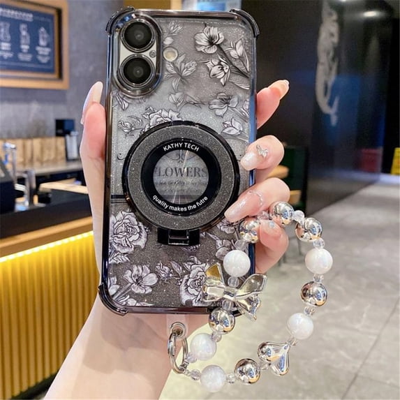 For Apple iPhone 17 Case Electroplating Gradient Glitter Anti Drop Phone Case With Pearl Bracelet Hanging Rope,Black,For iPhone 17