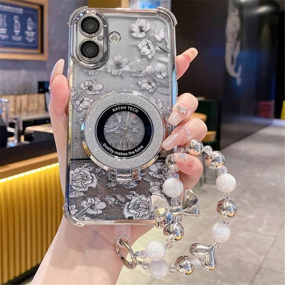 For Apple iPhone 17 Case Electroplating Gradient Glitter Anti Drop Phone Case With Pearl Bracelet Hanging Rope,Silver,For iPhone 17