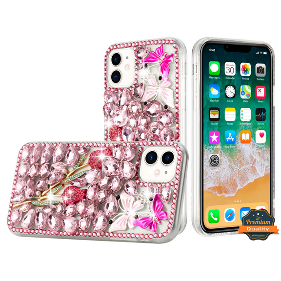 For Apple iPhone 17 Full 3D Diamond Bling Case with Ornaments, Luxury Fashion Cover [Pink Floral]