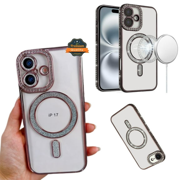 For Apple iPhone 17 Glitter Bling Diamond Phone Case with Magnetic Back Slim Edge Protective Cover [Pink]