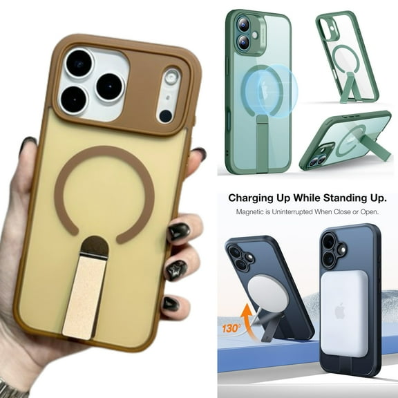 For Apple iPhone 17 Kickstand Case Magnetic Frosted TPU Slim Shockproof Protective Phone Cover [Brown]