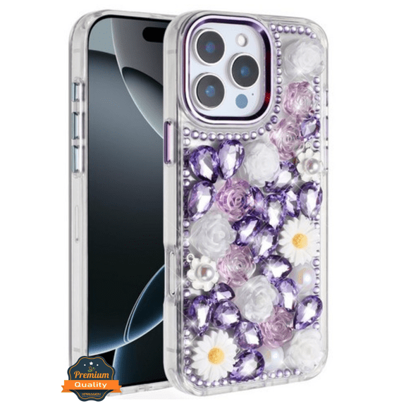 For Apple iPhone 17 PRO Full Bling Glitter Diamond Flower Case Sparkly Fashion Protective Cover [Purple]