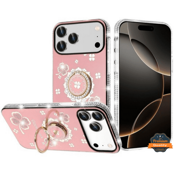 For Apple iPhone 17 PRO MAX Fashion Glitter Diamond Edge with Ring Stand Bling Case Floral Cover [Pink]