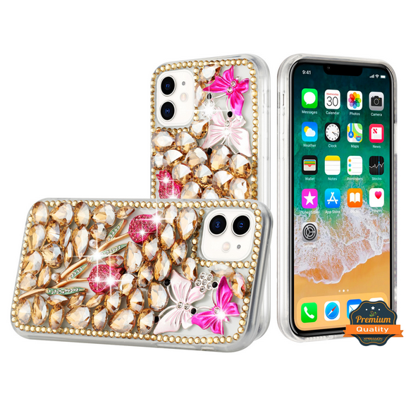 For Apple iPhone 17 PRO MAX Full 3D Diamond Bling Case with Ornaments, Luxury Fashion Cover [Gold Floral]